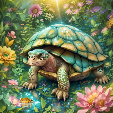 ((Fantastic and magical)), ((Magical little tortoise illustration drawing)), largeeyes, Round eyes, eyes glowing, (a variety of poses), Beautiful garden in the background, Colorful flowers bloom, Pink, blue and yellow flowers. it&#39;s bathed in light, The...