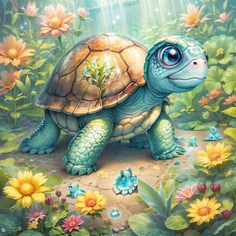 ((Fairytale)), ((The cute turtle illustration is drawn)), largeeyes, Round eyes, eyes glowing, (a variety of poses), Beautiful garden in the background, Colorful flowers bloom, Pink, blue and yellow flowers. it&#39;s bathed in light, The floor is studded w...