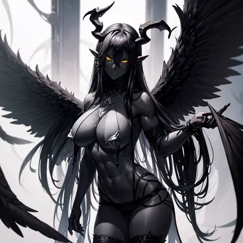 Best quality，A high resolution，One demon，(Pure black skin:1.7)，(a pair of long, curved horns：1.5)，Wings with black feathers，（huge tit：1.9），（sexy for：1.5），Muscular