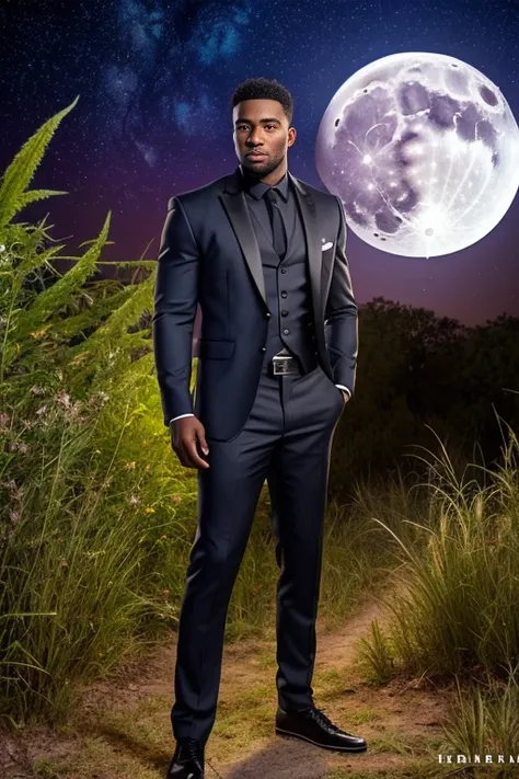 An image of a gorgeous black man, potheads outfit, man on a hill at night, with full moon and astrophotography, smoking weed, full body, detailed skin, masterpiece, best quality, realistic, ultra-realistic, professional photography edited with best quality...