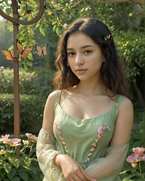 a girl with curly black hair, brown eyes, and beautiful detailed lips, wearing a flowing black dress, standing confidently in a vibrant flower garden [portrait], with the flowers in various colors and sizes [vivid colors]. The garden is bathed in warm sunl...