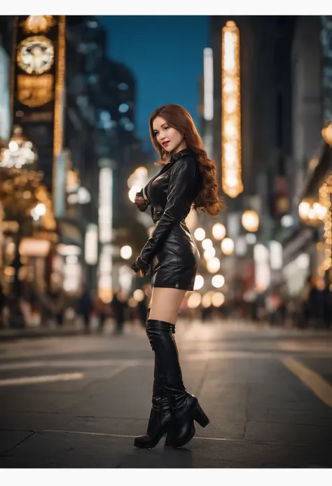 Best Quality, in 8K, 32K, ​master piece ,ultra-detailliert,Twin-tailed , Hair color is brown hair,straight haired , 20yr old ,two cute women side by side,Full body, Microminiskirt,thigh high boots，kneehigh boots,Black leather,high-heels,Tokyo at night ,Smi...