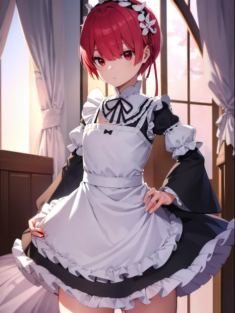 Rezeroram, Ram, Hair Flower, Hair Ornament, Hair over one eye, Pink hair, (Red Eyes:1.5), Short hair, X Hair Ornament, Bangs, Blunt bangs, (flat chest:1.2),
Break Apron, Black bow, Black Dress, a black ribbon, Bow, Detached sleeves, Dress, frilled apron, f...