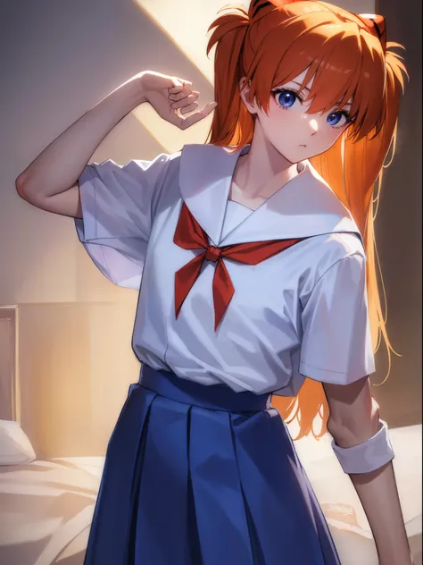 asukalangley, Asuka Langley Soryu, (Souryu Asuka Langley:1.5), Blue eyes, hair between eye, Headgear, Interface headset, Orange hair, two side up,
Break Blue Dress, 鎖骨, Dress, Neck ribbon, pinafore dress, Red Ribbon, bow ribbon, School uniform, Shirt, Shor...