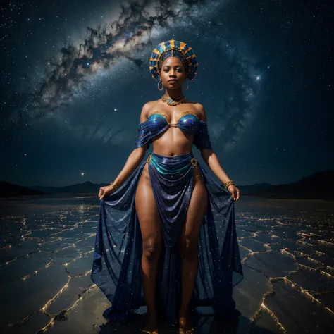 full body shot image, In a mesmerizing display of cosmic beauty, a hypnotic holographic African woman dressed in  African designed clothes and african designed beads and headdress with vibrant colors, shines with stars and galaxy glowing on her skin, float...