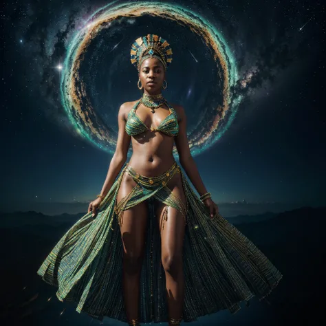 full body shot image, In a mesmerizing display of cosmic beauty, a hypnotic holographic African woman dressed in  African designed clothes and african designed beads and headdress with vibrant colors, shines with stars and galaxy glowing on her skin, float...