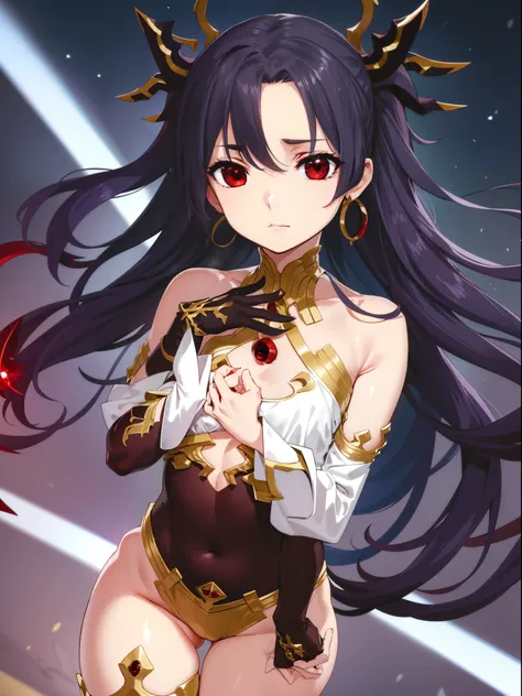 Ishtar, Ishtar YD, Ahoge, Black bow, Bow, Black hair, earrings, Hair Bow, Hair Ornament, Jewelry, Long hair, (Red Eyes:1.5), (Parted bangs:1.5), (tiny chest:1.2),
BREAK bare shoulders, elbow groves, Fingerless gloves, gloves, Long sleeves, Revealing clothe...