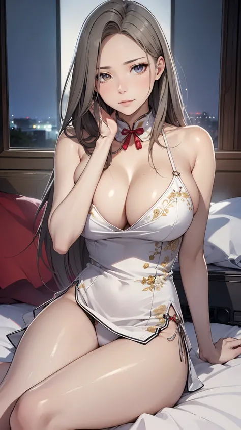 Beautiful girl in a sexy sequin cheongsam lying seductively on a hotel bed, Cute smile, cleavage, Big breasts, Jewelry, Rich, Elegant, Attractive, 16 K, nffsw, nffsw, Raiden General, Best Quality, masutepiece. (Cinematic Digital Artwork: 1.3), High quality...