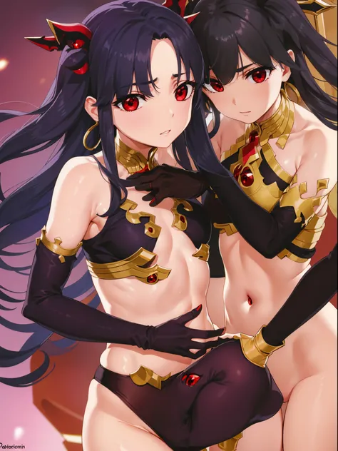 Ishtar, Ishtar YD, Ahoge, Black bow, Bow, Black hair, earrings, Hair Bow, Hair Ornament, Jewelry, Long hair, (Red Eyes:1.5), (Parted bangs:1.5), (tiny chest:1.2),
BREAK bare shoulders, elbow groves, Fingerless gloves, gloves, Long sleeves, Revealing clothe...