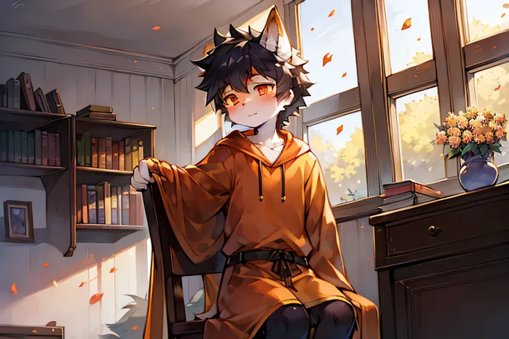 A black-haired wolf，Orange eyes，orange robe，Books，rays of sunshine，inside bedroom，falling flower petals，shota，lovely boy，Gender ambiguity，sit on chair，janelas，look out the window，A bright room，white wall，Facing the window，petals，Handsome，Pretend to sleep，T...