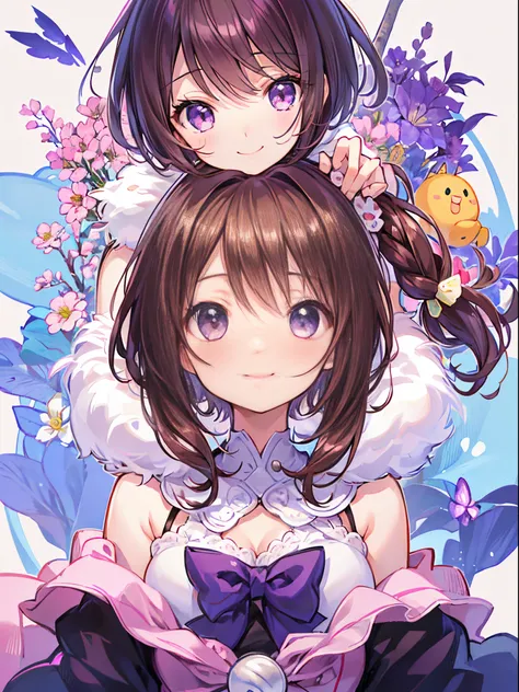 Mofumofu、oxytocin、(Best Quality), (Round face: 1), 1 girl, (High Detail Skin: 1.2), (Puffy eyes),  Smile, Soft lighting, High quality,  Shortcut Hair,Purple eyes、Brown hair、 ultra gigantic tits、