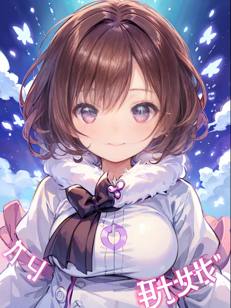 Mofumofu、oxytocin、(Best Quality), (Round face: 1), 1 girl, (High Detail Skin: 1.2), (Puffy eyes),  Smile, Soft lighting, High quality,  Shortcut Hair,Purple eyes、Brown hair、 ultra gigantic tits、