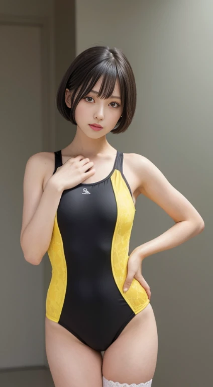 A pretty girl with perfect figure,(Lori,14years, teens), (One-piece swimsuit made of yellow lace fabric), skinny thigh,skinny,Very small breasts,(Black hair straight super short bob cut hair,bangss),Stand in the ring of professional wrestling,extremely det...