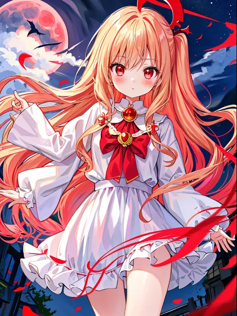 red blush、wavy blonde hair、red eyes、beautiful girl alone、animesque、独奏、lonely、vampire、a moon、natta、