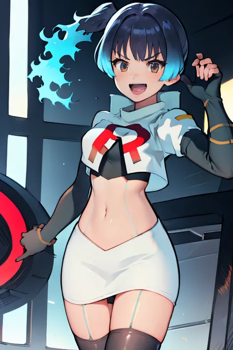 face of sena (xenoblade), 1girl,team rocket,team rocket uniform, red letter R, white skirt,white crop top,black thigh-highs,black elbow gloves,evil laugh ,