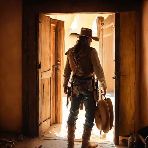 arafed man in a cowboy hat and a hat standing in a doorway, an epic western, photo from behind of a cowboy, jesse mccree, [ western film ], still from a live action movie, old west, cowboy, western film, dressed as a western sheriff, in the show westworld,...