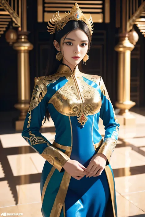 An Indonesian-styled futuristic suit worn by a girl depicting cultural fusion and modern fashion. The suit is adorned with intricate patterns and vibrant colors, showcasing the rich heritage of Indonesia. The girl stands confidently in a dynamic pose, with...