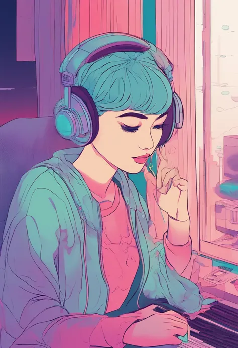 Girl listening to music in cozy room at night, Use headphones, 2D style anime, lo fi, Rain outside the window、Analog Color Theme、ghibuli style、