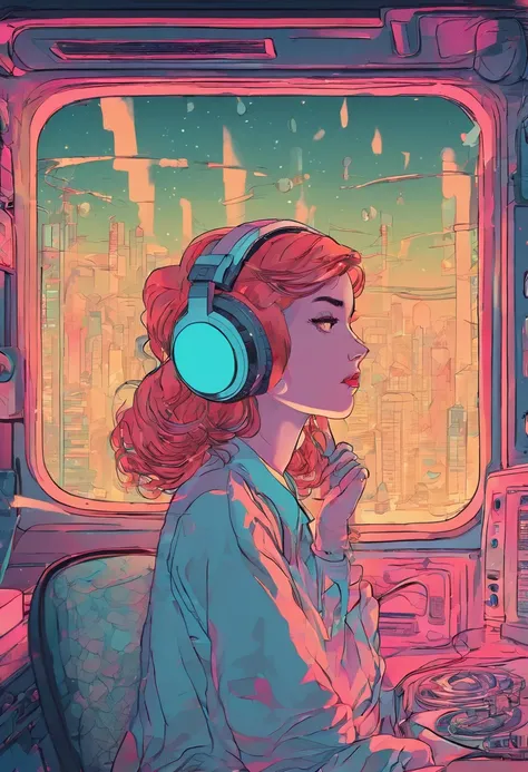 Girl listening to music in cozy room at night, Use headphones, 2D style anime, lo fi, Rain outside the window、Analog Color Theme、ghibuli style、