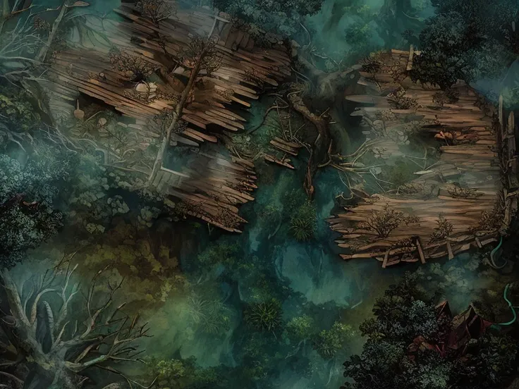 plowed wooden structure in the middle of a forest with many trees, ambiente de fantasia sombria, ambiente de apocalipse de fantasia, fundo do espinho. d&d, Background Air Battle, ambiente intrincado detalhado, cena de rpg, incredible depth, ambiente de sel...