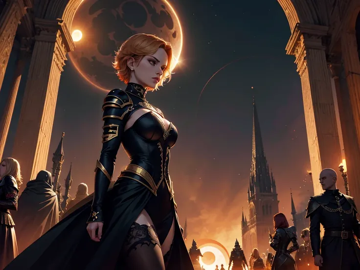 Uma personagem feminina usando capa, short golden hair, In the midst of the crowd,Eclipse,goth clothing, detalhadas, 8k, magnificent art, dramatic scene, Red eclipse at the top of the image, Gothic armor with golden details, Vampiro, fluttering cover, arms...