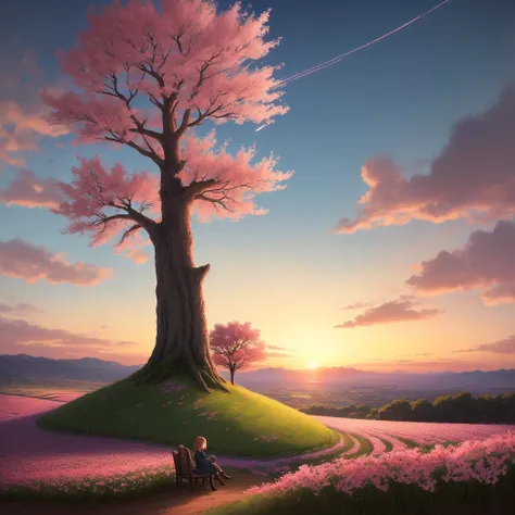 Tree on a hill, Sunset, Flower Fields, Anime, Your name, Sakura tree, Meteor, Girl sitting under the tree