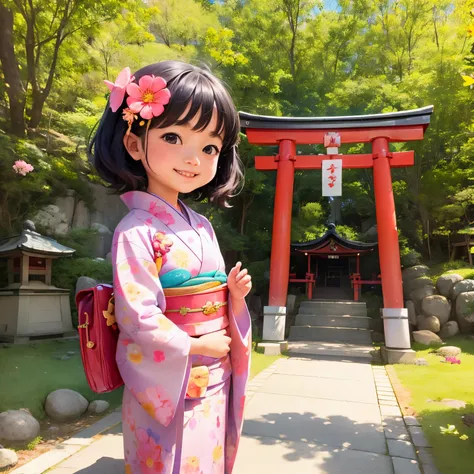 photoRealstic、Japan shrine in the background、３Year old girl、Wearing a kimono to celebrate Shichi-Go-San、Traditional events of Japan、Smile, kawaii pose 、 ultradetailed eyes、Full Paint、Floral hair ornament、butterfly hair ornament、on my right hand, I have a b...