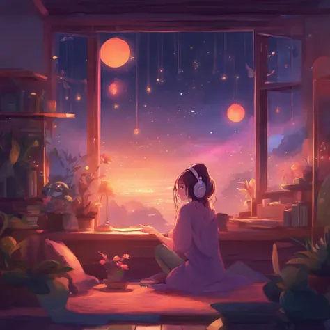 Girl listening to music in cozy room at night, Use headphones, 2D style anime, lo fi, Rain outside the window、Analog Color Theme、ghibuli style、