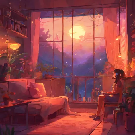 Girl listening to music in cozy room at night, Use headphones, 2D style anime, lo fi, Rain outside the window、Analog Color Theme、ghibuli style、