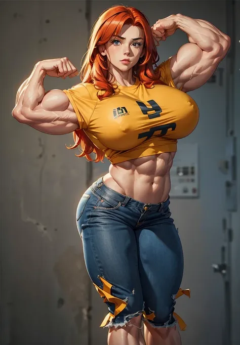 a cartoon of a young red-headed woman with a muscular body and a yellow shirt, Black yoga shorts, muscular girl, muscular character, bursting with muscles, huge muscles, big muscles, massive muscles, large muscles, muscular!!, strong pose, muscular, muscul...