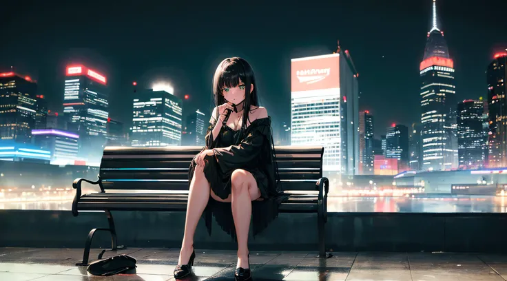 1girl, lonely, long black hair, bangs, green eyes, wearing black dress, full body, sitting down, crossed legs, bench, city, night, neon lights, high res, ultrasharp, 8k, masterpiece, looking at moon,