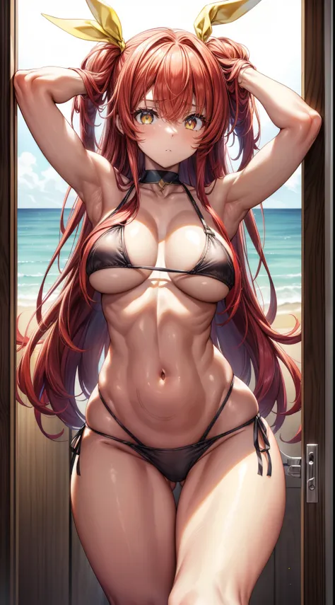 Stellavermillion, Stella Vermillion, cabelo entre os olhos, Hair Intake, fita de cabelo, cabelos longos, (olhos vermelhos:1.5), red hair, dois lados para cima, yellow ribbon, oxa, red hair, wearing a short bikini, coxas musculosa, barriga musuclosa, quadri...