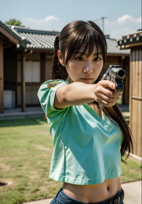 Japanese Girl Shooting a Handgun, Best Quality, masutepiece, Glock 17, Body Armor, outdoor