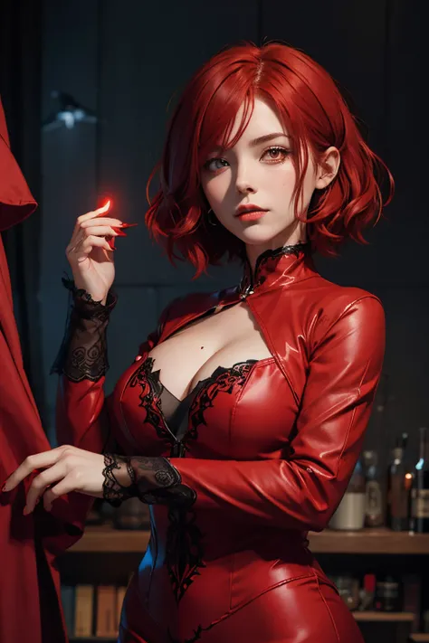 The witch,red hair,short hair,red eye,red costume