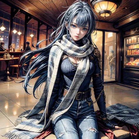 Cinematic lighting、16k picture quality、highlydetailed skin、masutepiece,1girl in, Solo、Best Quality,cyberpunked,(1beautiful woman、Detailed beautiful facial features、Medium Hair、Blue hair、blue eyess:1.3)a necklace、
BREAK
Blanket Scarf Wrap,
A large, cozy bla...