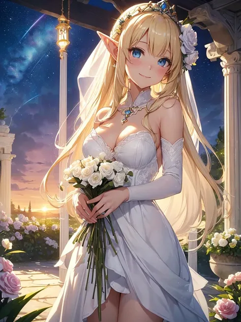 top-quality、Top image quality、​masterpiece、Elven Beauty、Smiling while holding a bouquet of white roses((24 year old、Best Bust、big bast、Bust 90,Beautiful blue eyes、,Blonde long hair、A slender、a closeup、Esbian、beautiful tiara、hiquality、Beautiful Art、Backgrou...