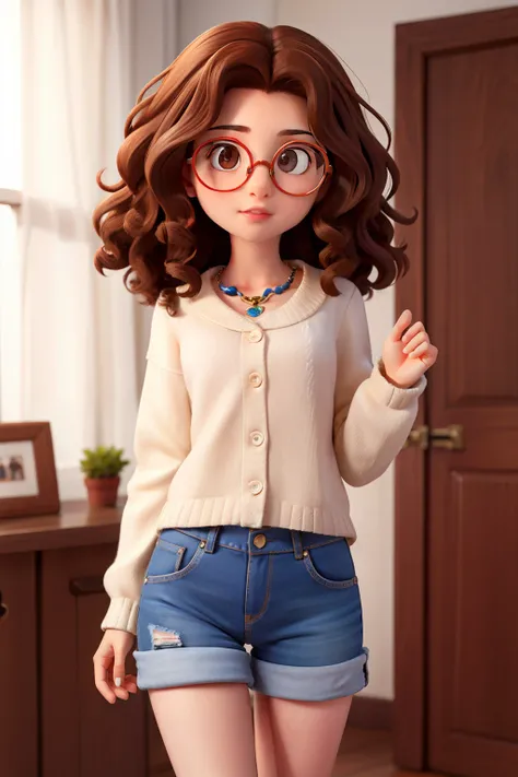 brunette girl with big curly hair wears glasses thin brown hair and eyes