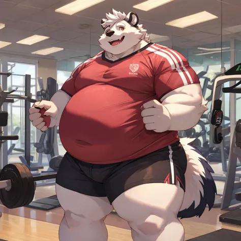 solo, male skunk, anthro, white fur, pink scelra, red iris, chubby cheeks, obese, large belly, large thighs, wearing sports jersey, wearing shorts, smiling, indoors, gym, evening