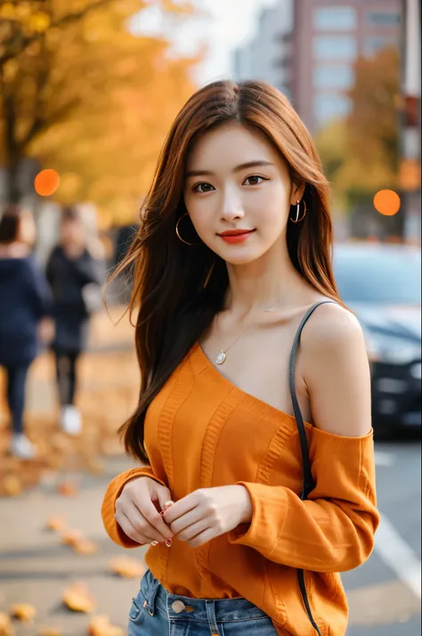 femele, (Realistic), (Hyper-Realism), (Photorealistic), depth of fields, eye make up:0.5, (Upper body:1.2), (Narrow waist:0.7), Looking at the viewer, Autumn casual outfit, in the city street,