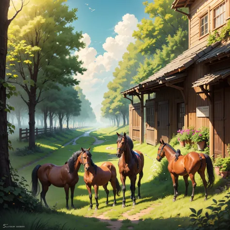 3 horses, planty of gold, green grass --auto --s2