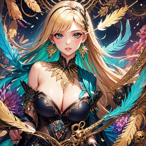 girl with，Huge breasts，off shoulders，Golden hair，Colored feathers，metal ornaments，colorful flower，Particle，Rays of Light，(masutepiece, of the highest quality, Best Quality, Official art, Beautiful and aesthetic:1.2), (1girl in:1.3), Extremely detailed,(Fra...