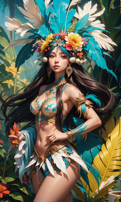 una mujer disfrazada con plumas y flores en la cabeza, RossDraw 1. 0, RossDrawS 2. 5, Artgerm extremadamente detallado, Pintura digital RossDrew, Artgerm y Rossdrew, Hermosa pintura de personajes, :: RossDrew, Modelo IG | Artgerm, Inspirado por RossDrew, f...