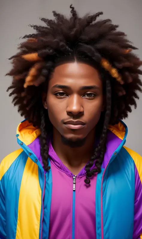 colorful jacket with hood and zipper, black man with afro hair, a black man with long curly hair, west african man with curly hair, colorful portrait, 4k colored photo portrait, long afro hair, detailed portrait photo, with afro, 8k portrait photo, young m...