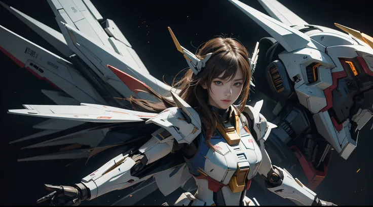 Anime-style illustrations, Textured skin, Super Detail, high details, Best Quality, hight resolution, 1080p, hard disk, a beauty,She wears a futuristic Gundam mecha,(Gundam),Fulll body Shot