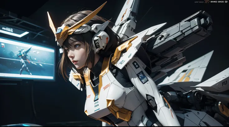 Anime-style illustrations, Textured skin, Super Detail, high details, Best Quality, hight resolution, 1080p, hard disk, a beauty,She wears a futuristic Gundam mecha,(Gundam),Fulll body Shot