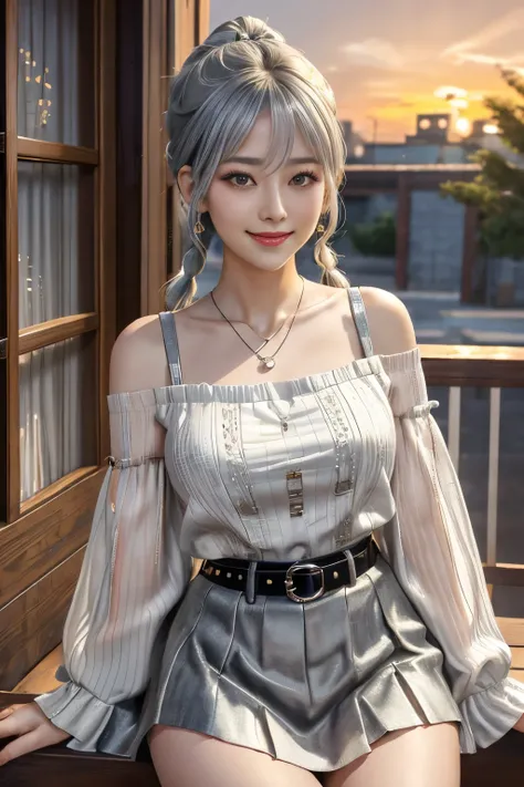 Sunset Park,The actress is a very beautiful Western adult woman.........., bobbin lace ruffle mini skirt,Sexy face, a belt,bags, a necklace,piercings,Big Baggy Bobbin Lace V-Neck Off-Shoulder Sweater . Happy smile.Sexy face, Sexy Pose, (Silver hair、Ponytai...