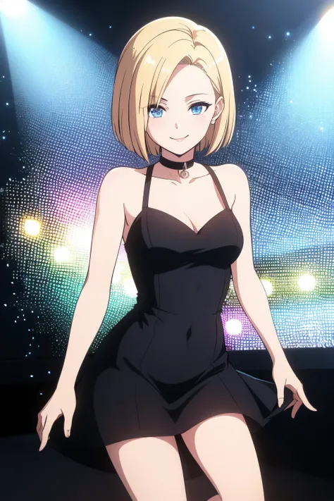 android18 (masterpiece)), ((best quality)), (ultra-detailed), wallpaper, highest quality, ((an extremely delicate and beautiful)), {{{highres}}}, 1 girl, bob hair, blonde hair, blue eyes, smile, illustration, medium breasts, black dress, short black dress,...