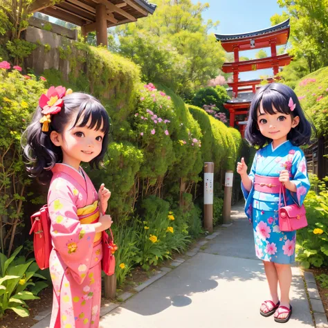 photoRealstic、Japan shrine in the background、３Year old girl、Wearing a kimono to celebrate Shichi-Go-San、Traditional events of Japan、Smile, kawaii pose 、 ultradetailed eyes、Full Paint、Floral hair ornament、butterfly hair ornament、on my right hand, I have a b...