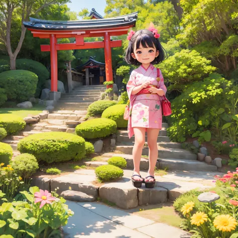 photoRealstic、Japan shrine in the background、３Year old girl、Wearing a kimono to celebrate Shichi-Go-San、Traditional events of Japan、Smile, kawaii pose 、 ultradetailed eyes、Full Paint、Floral hair ornament、butterfly hair ornament、on my right hand, I have a b...