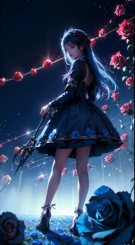 (((roses))) one blue rose in the middle of thousands of red roses(((singel blue rose)))HD lighting and dark )<=(epic image quality)dark atmosphere with bright particle light(many effects in background)